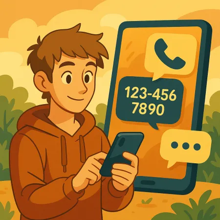 Mosolygó fiatal férfi kapucnis pulóverben, okostelefont használva, egy nagy telefonkép a háttérben, amely egy hívásikont és egy fiktív telefonszámot (123-456-7890) mutat, egy stílusos és barátságos kültéri környezetben.