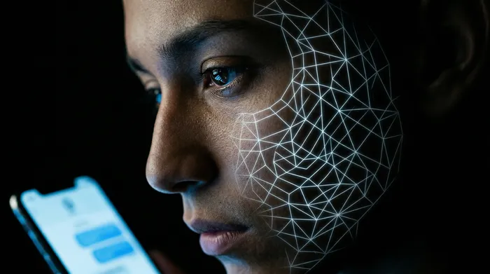 Egy kéz okostelefont tart, amelynek üzenetküldő felületén egy lakat ikon látható, körülvéve egy ragyogó digitális kapcsolatokból álló hálózattal, fekete háttér előtt, a mobil adatbiztonságot illusztrálva.