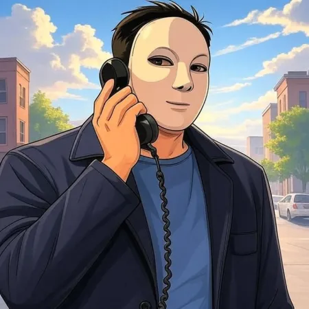 Egy férfi fehér maszkot visel, sötét zakóval és kék pólóval, egy régi fekete telefon fülkéjébe beszél, a háttérben a város utcája látható.