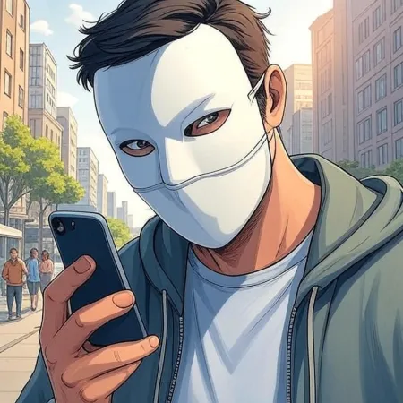 Egy fehér maszkot viselő férfi kapucnis pulóverben nézi a mobiltelefonját egy városi utcán. A kép egy rajzfilm vagy képregény stílusában készült.