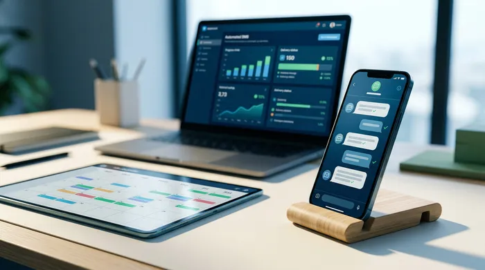 Egy két részre osztott kép, amely egy okostelefont mutat: bal oldalon egy üzenetküldő felület egy küldésütemezési opcióval, jobb oldalon pedig egy emlékeztető értesítés egy fa íróasztalon.