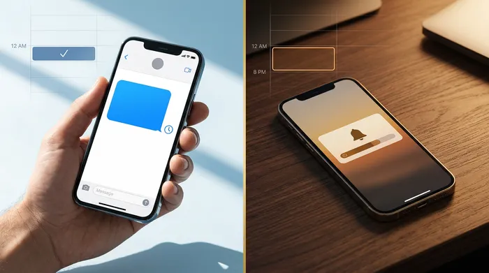 Egy világos fából készült fodrászszalon pultján fekvő okostelefon, amelyen egy üzenetküldő alkalmazás látható, a háttérben professzionális ollókkal és szépségápolási termékekkel.