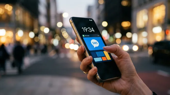 Egy személy egy okostelefont tart a kezében, amelyen egy üzenetküldő alkalmazás látható, miközben egy íróasztalnál ül egy laptoppal, egy jegyzetfüzettel és egy csésze kávéval.