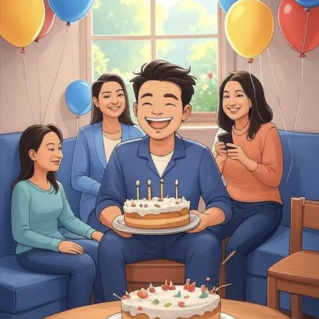Mosolygó férfi egy tortát tart a kezében, öt gyertyával, közvetlenül a közeli barátai körében egy színes lufikkal díszített nappaliban.