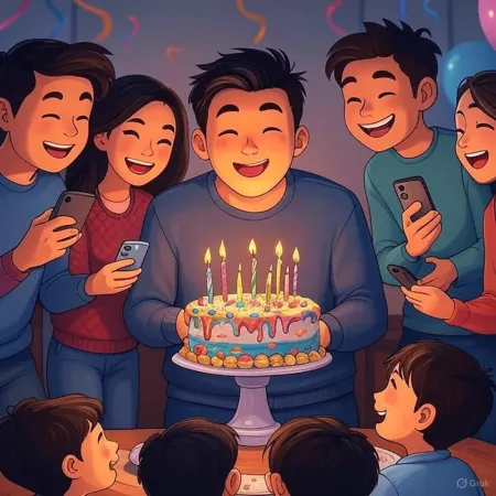 Egy születésnapi illusztráció, ahol egy mosolygó férfi egy gyertyákkal díszített tortát tart, barátok és közeli hozzátartozók körében, akik a telefonjaikkal fényképeznek.
